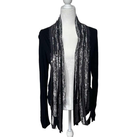 BKE Sweaters - BKE Boutique Black Silver Lace Sequin Witchy Boho Cardigan Size Medium
